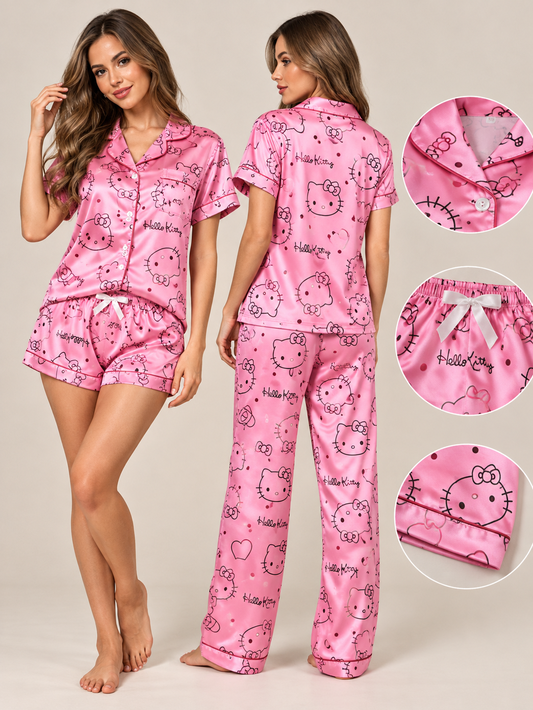 Pijama Hello Kitty rosada satinada 3 piezas