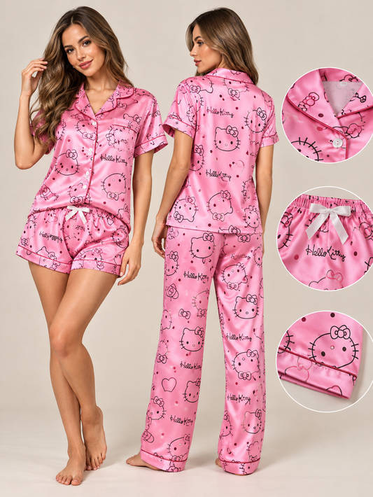 Pijama Hello Kitty rosada satinada 3 piezas
