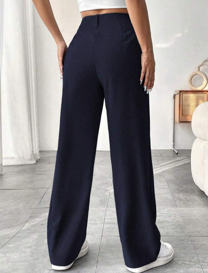 Pantalón azul marino casual de cintura alta y pierna ancha