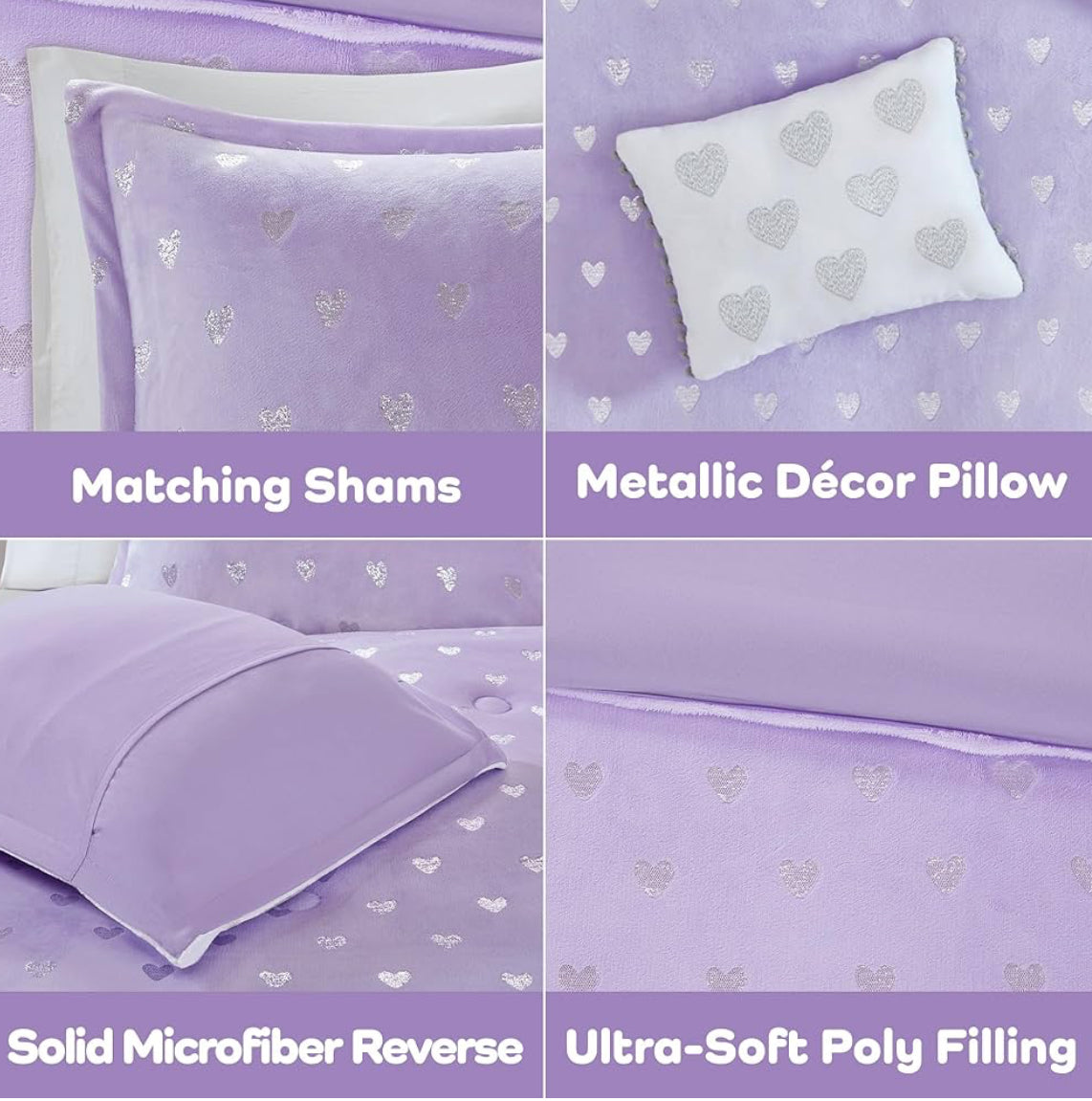 Mi Zone Rosalie Comforter, Ultra-Soft Microlight Plush Metallic Printed Hearts. Reverse Overfilled Down Alternative Hypoallergenic Full/Queen, Purple/Silver, 4 pieces - 1 comforter, 2 shams and 1 dec pillow
