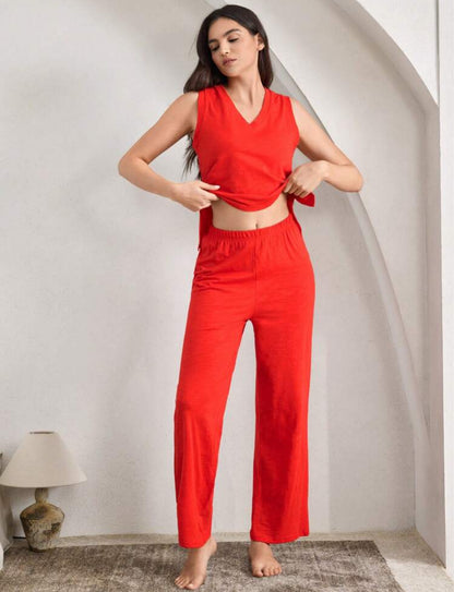 Conjunto de pijama roja suelta, suave y cómoda de algodón