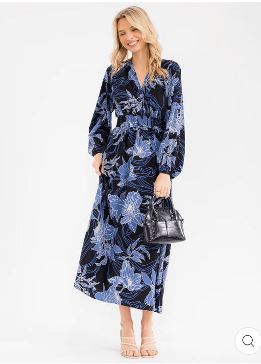 Vestido azul maxi para mujer de manga larga con escote en V, cintura smock y estampado floral..