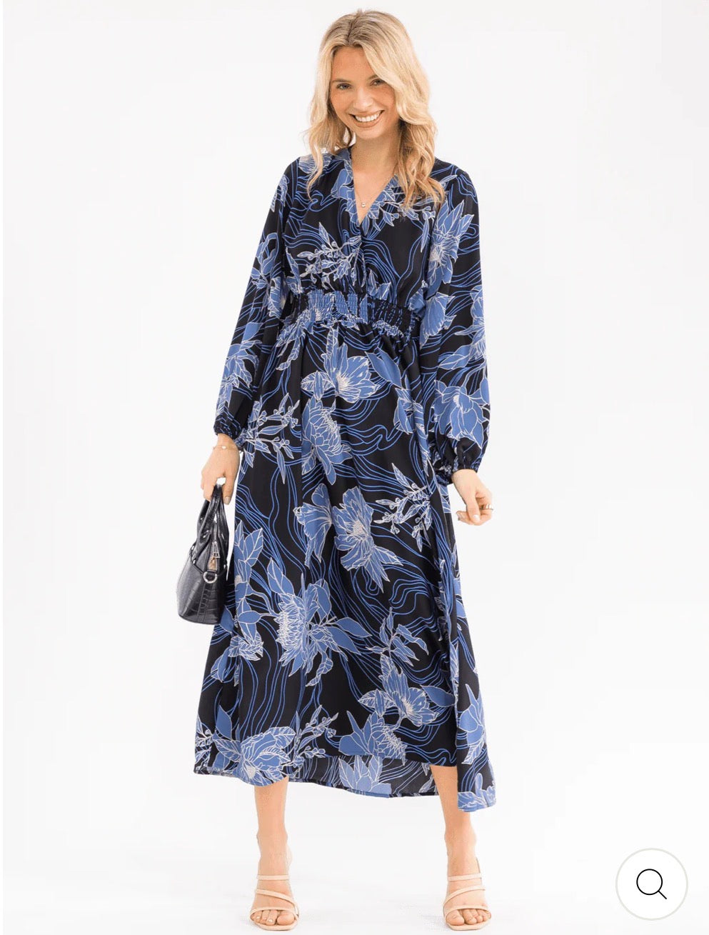 Vestido azul maxi para mujer de manga larga con escote en V, cintura smock y estampado floral..