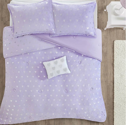 Mi Zone Rosalie Comforter, Ultra-Soft Microlight Plush Metallic Printed Hearts. Reverse Overfilled Down Alternative Hypoallergenic Full/Queen, Purple/Silver, 4 pieces - 1 comforter, 2 shams and 1 dec pillow