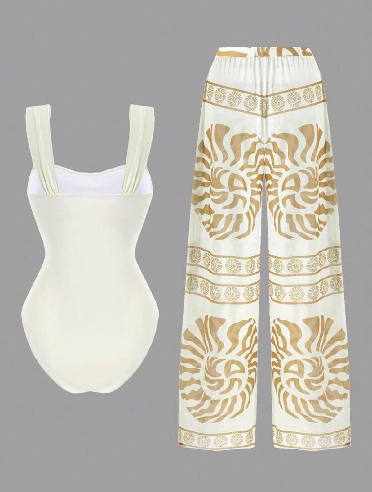 Conjunto traje de baño y pantalón beige (dos piezas)