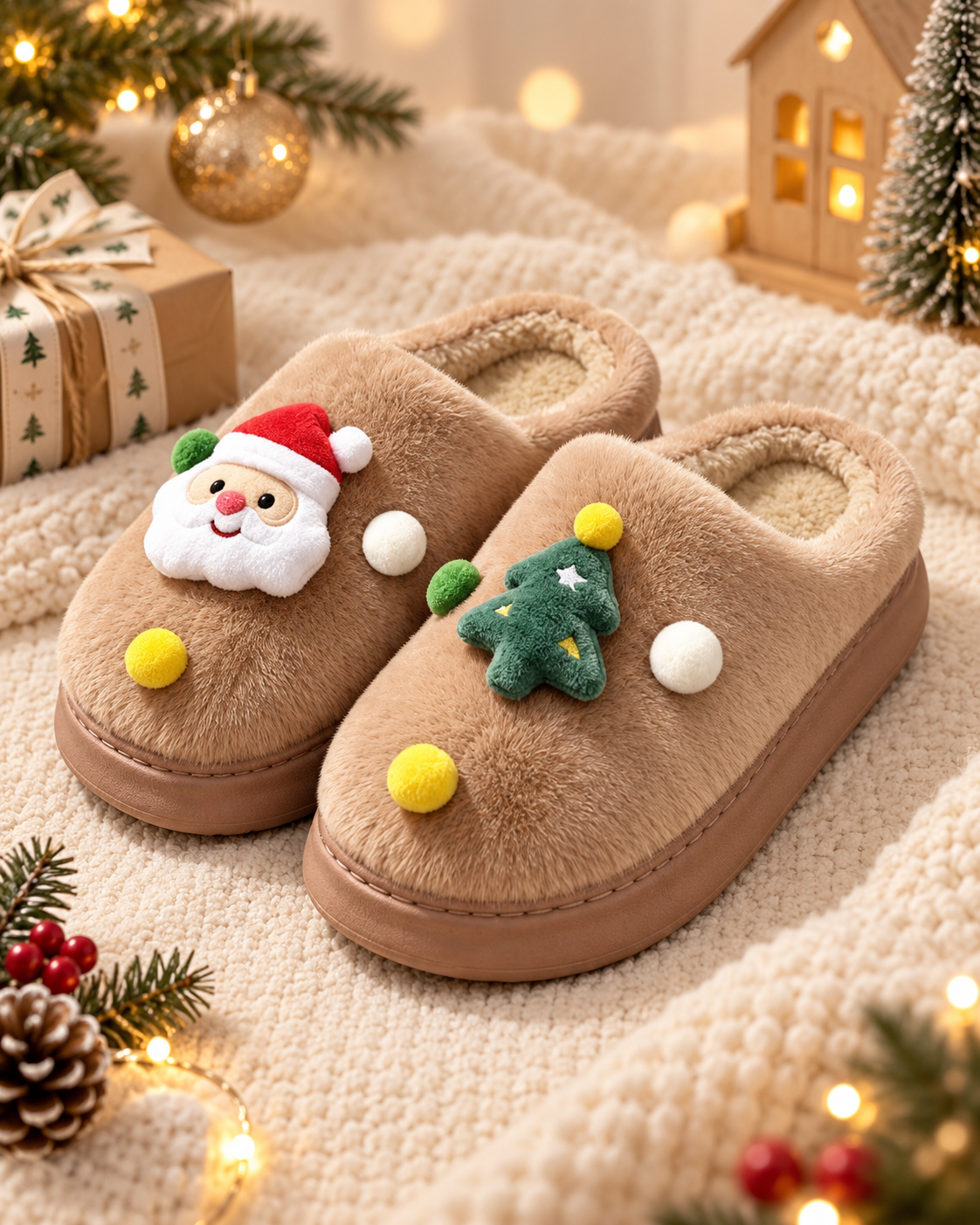 Pantuflas café Navidad santa y arbolito