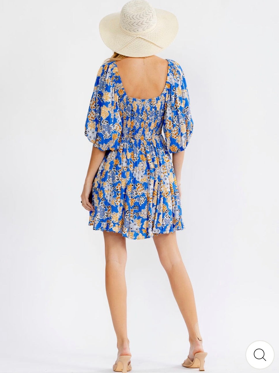 Vestido azul floral corto cuello V