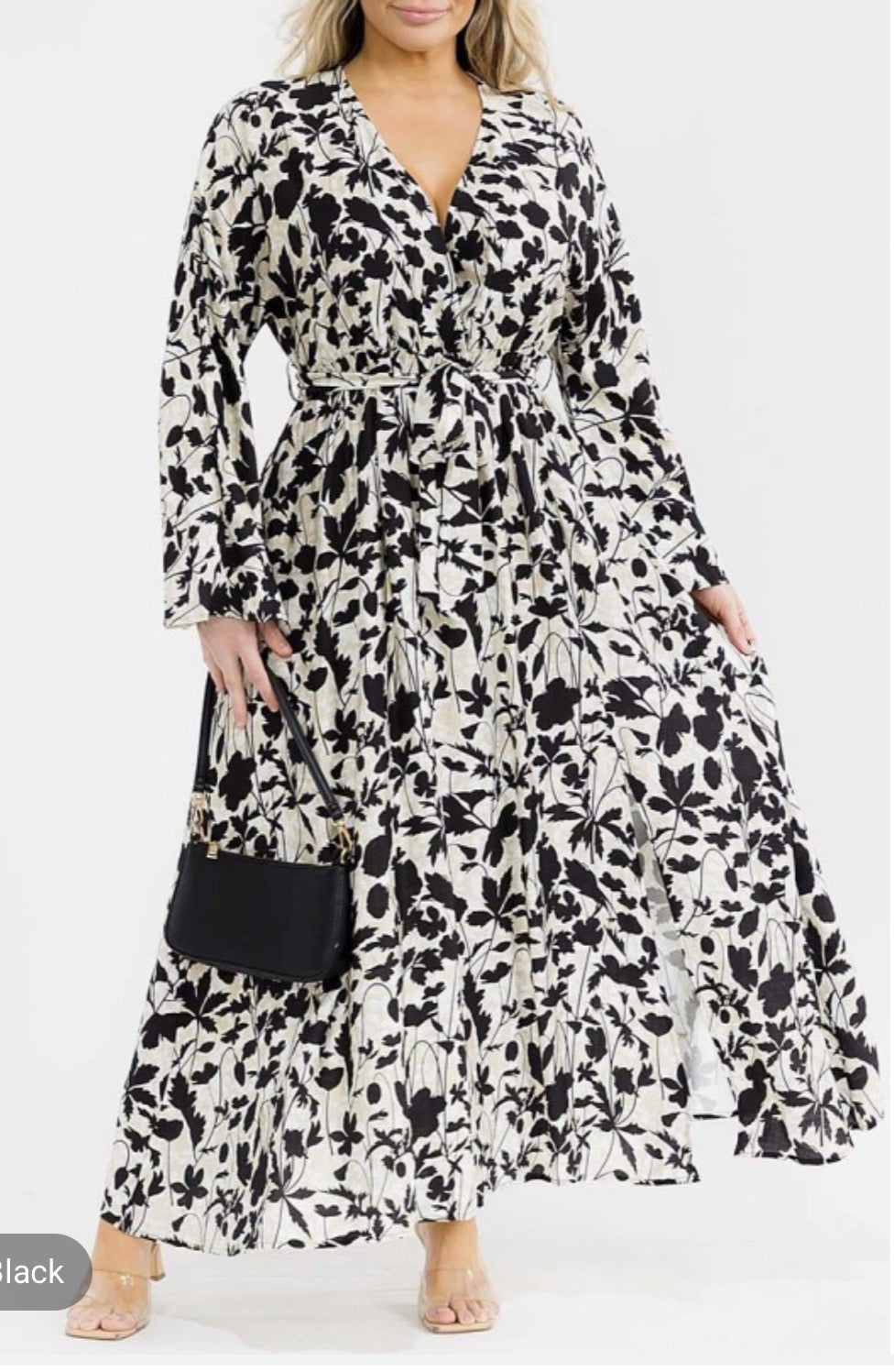 Vestido blanco y negro plus manga larga
