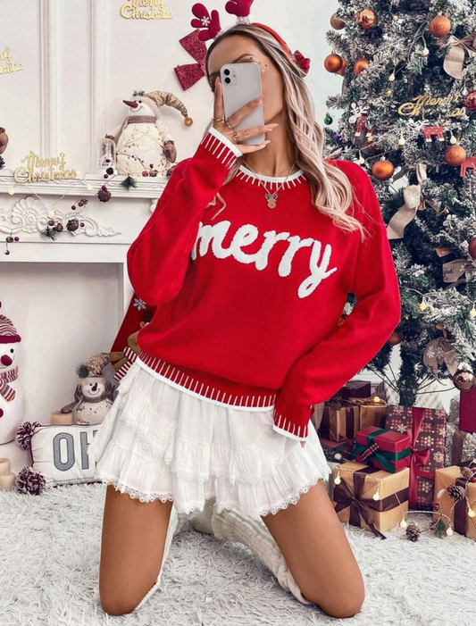 Suéter de Navidad rojo letras Merry en blanco