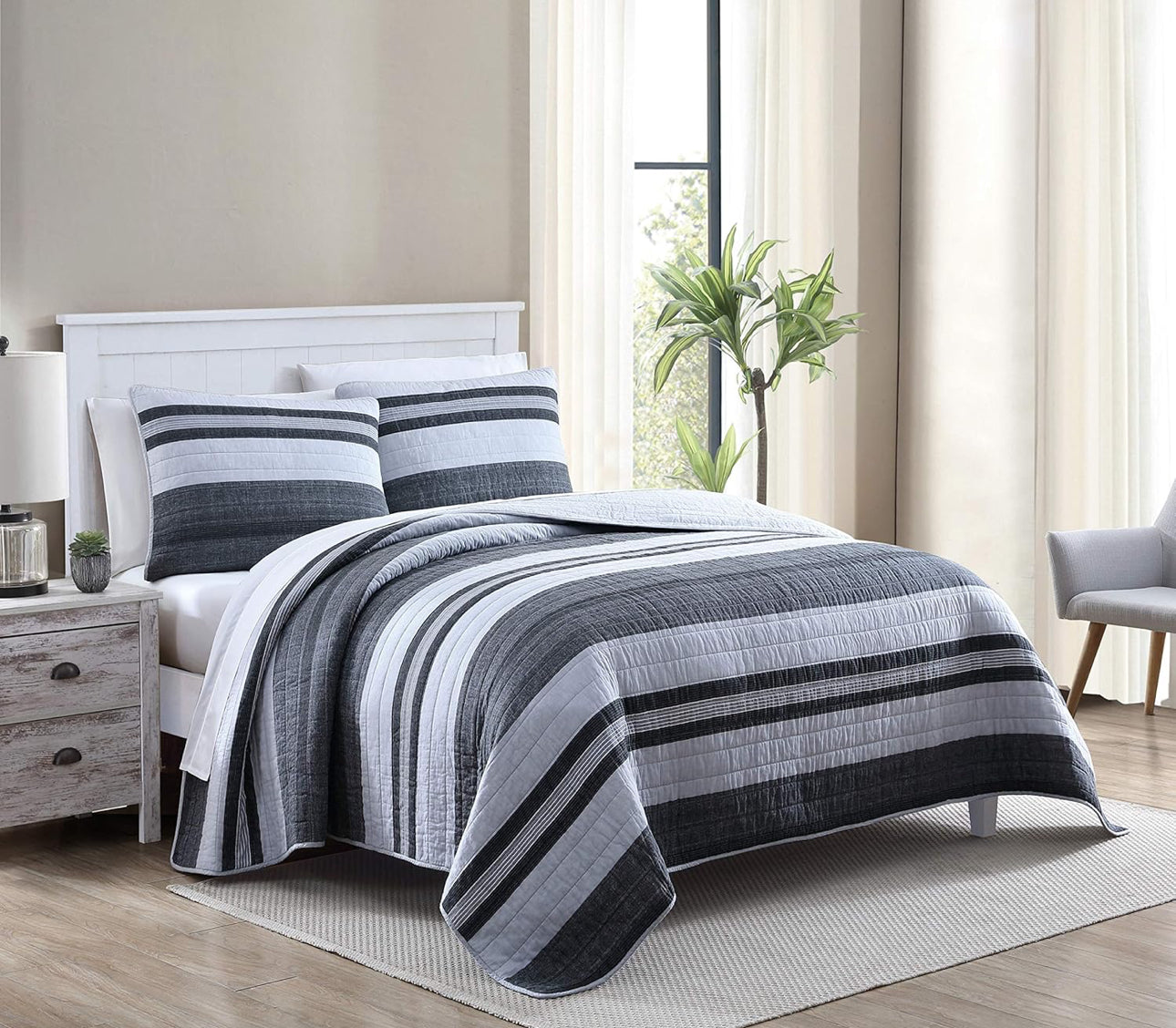 Nautica Queen Quilt Set Cotton Ardmoore Grey. Full Queen. 100% algodón. 3 piezas.