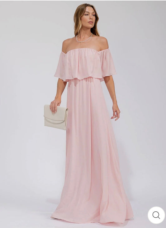 Vestido rosado largo shoulder off