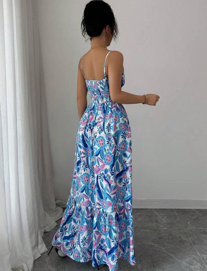 Vestido largo azul claro con estampado rosado