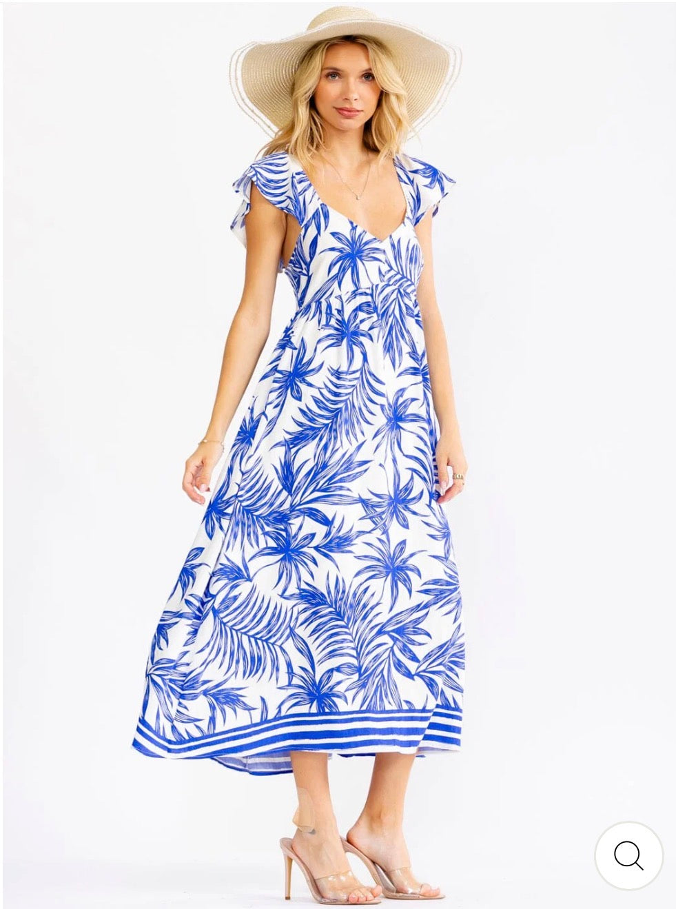 Vestido azul y blanco cuello V