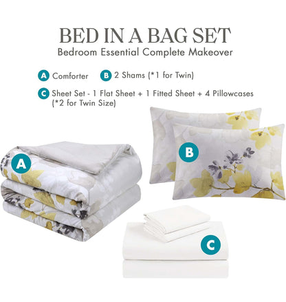 Madison Park Bed in A Bag-Trendy Casual Design Cozy Comforter, 2 shams, 1 Fited sheet with pockets, 1 flat sheet and 4 pilowcases King, Leaf Yellow 9 Piece
