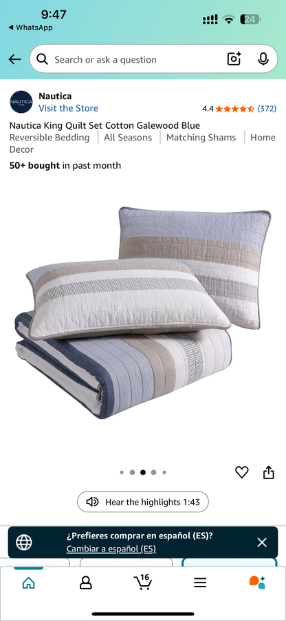Nautica King Quilt Set Cotton Galewood. Azul. 3 piezas.