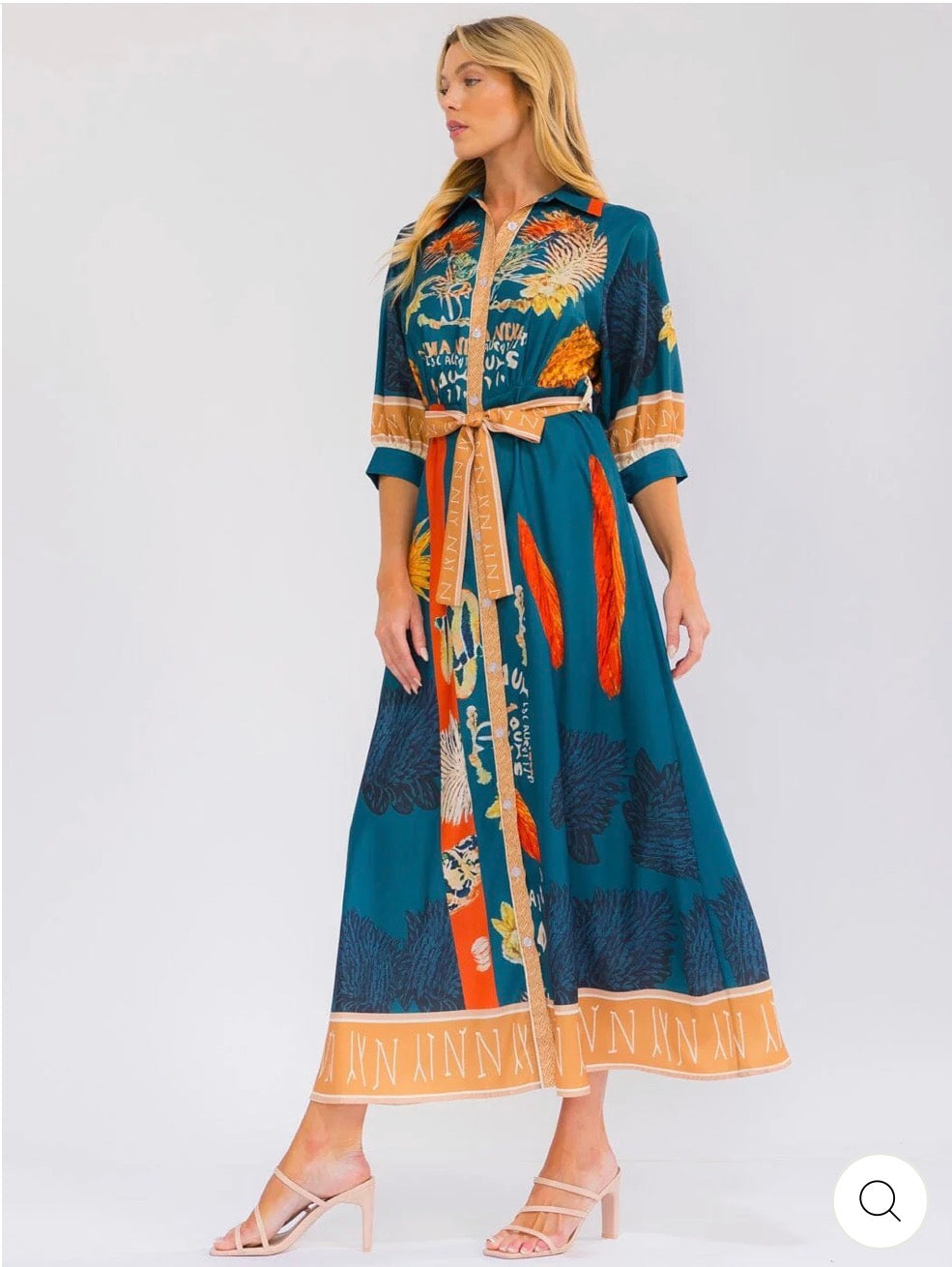 Vestido Amalfi verde con cinta anaranjada