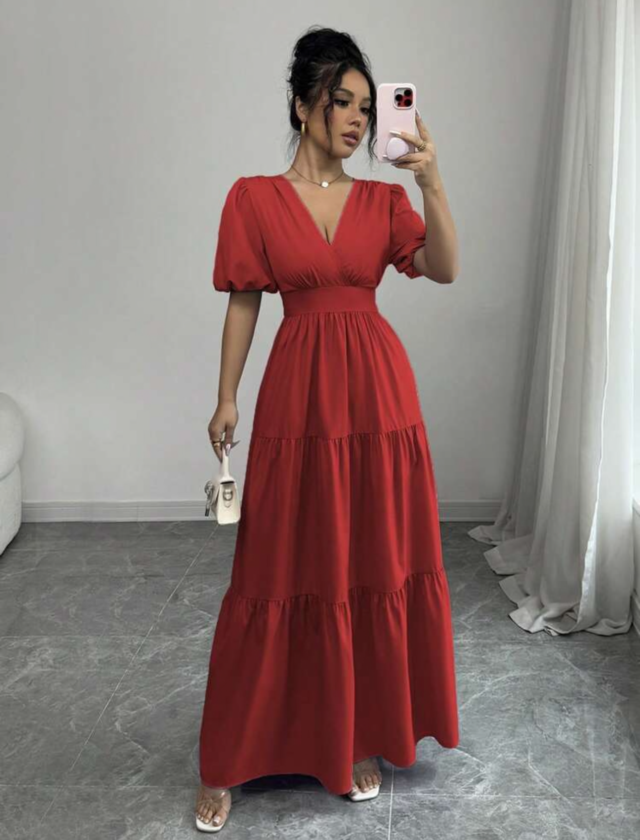 Vestido rojo largo cuello V con cintura elástica