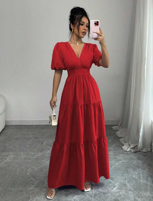 Vestido rojo largo cuello V con cintura elástica