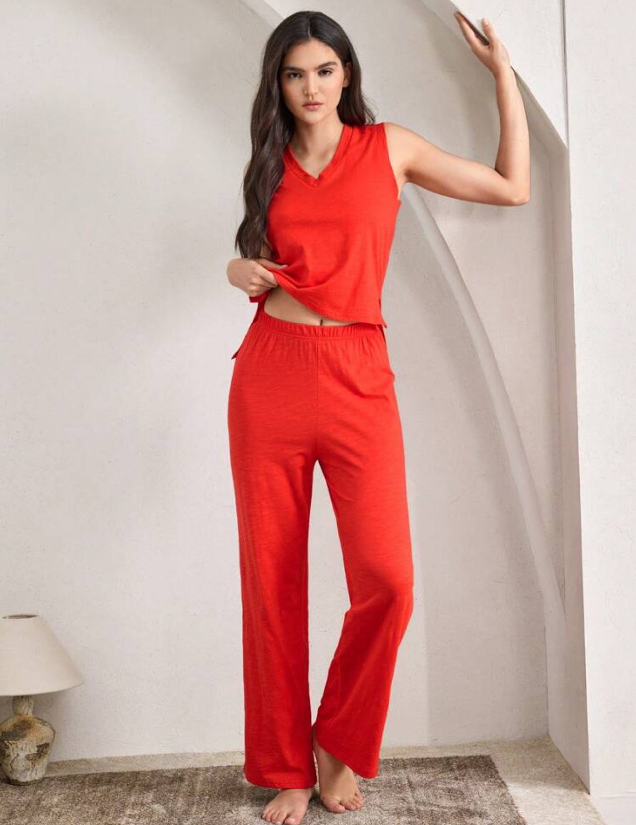 Conjunto de pijama roja suelta, suave y cómoda de algodón