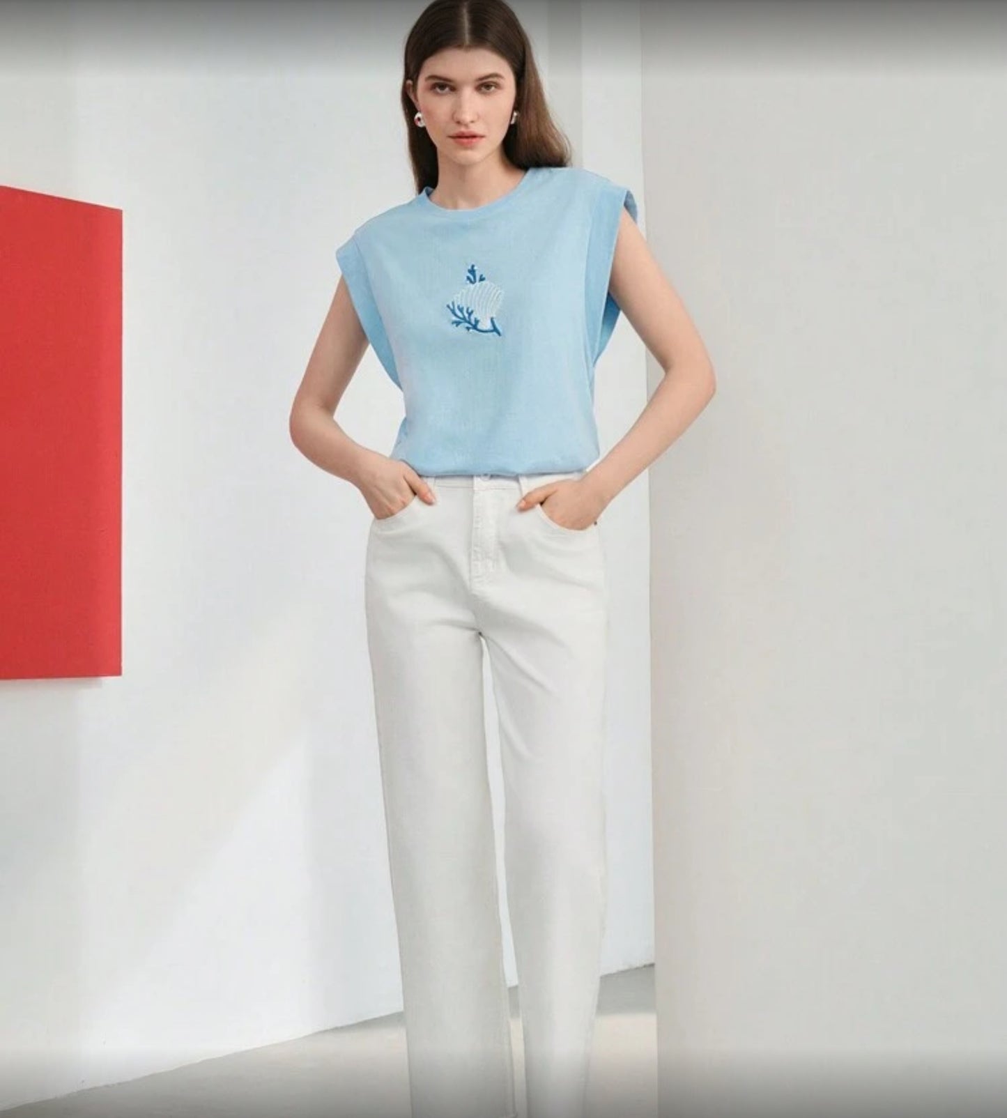 Camisa azul manga murciélago de algodón