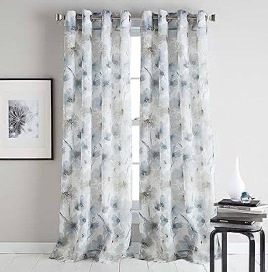DKNY Modern Bloom Watercolor Floral Sheer Grommet Window Curtain Single Panel, 84", Linen