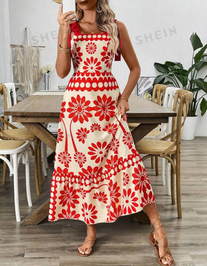 Vestido maxi beige y rojo
