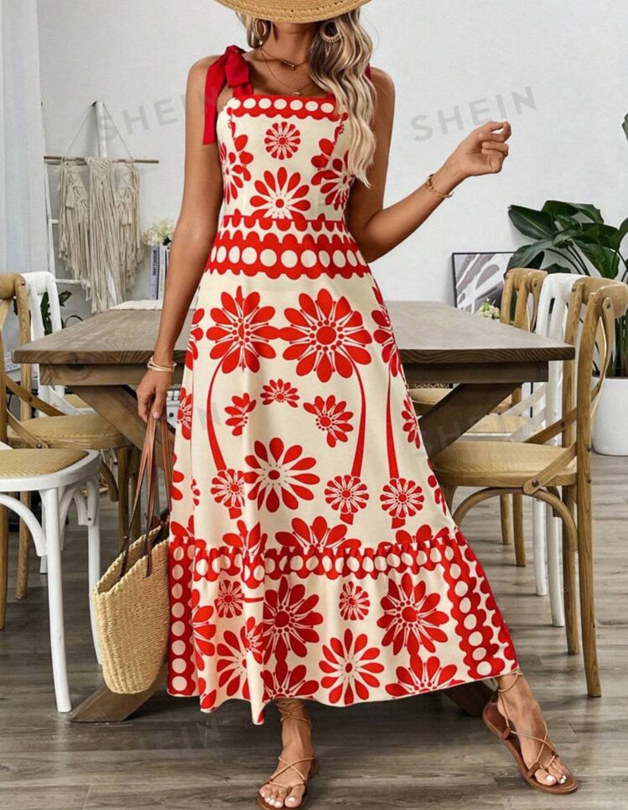 Vestido maxi beige y rojo