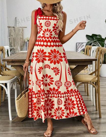 Vestido maxi beige y rojo