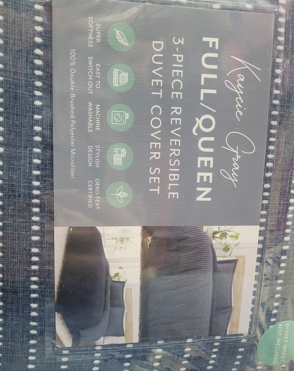 Kaycie Gray - Full/Queen Reversible Duvet Cover Set  3 Piezas, Verde con puntos blancos, Queen