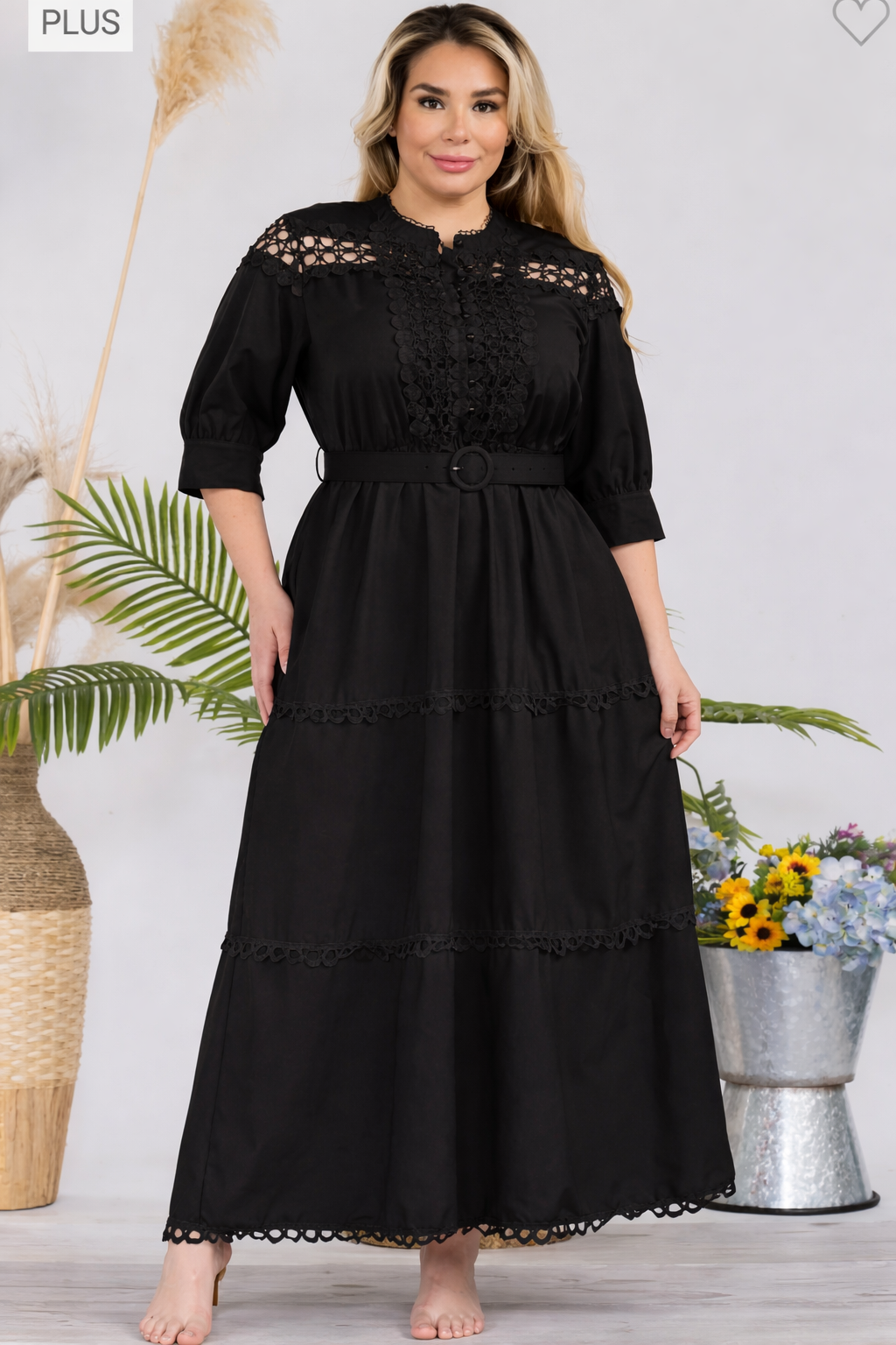 Vestido plus size negro maxi tejido tipo crochet liso