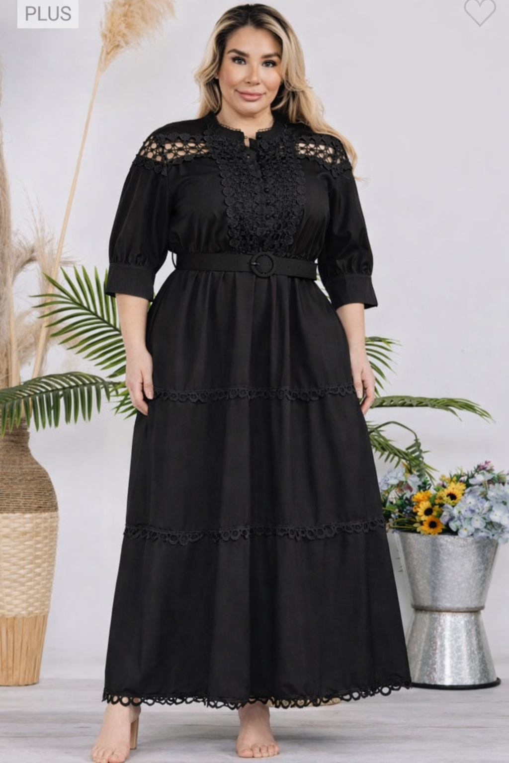 Vestido plus size negro maxi tejido tipo crochet liso