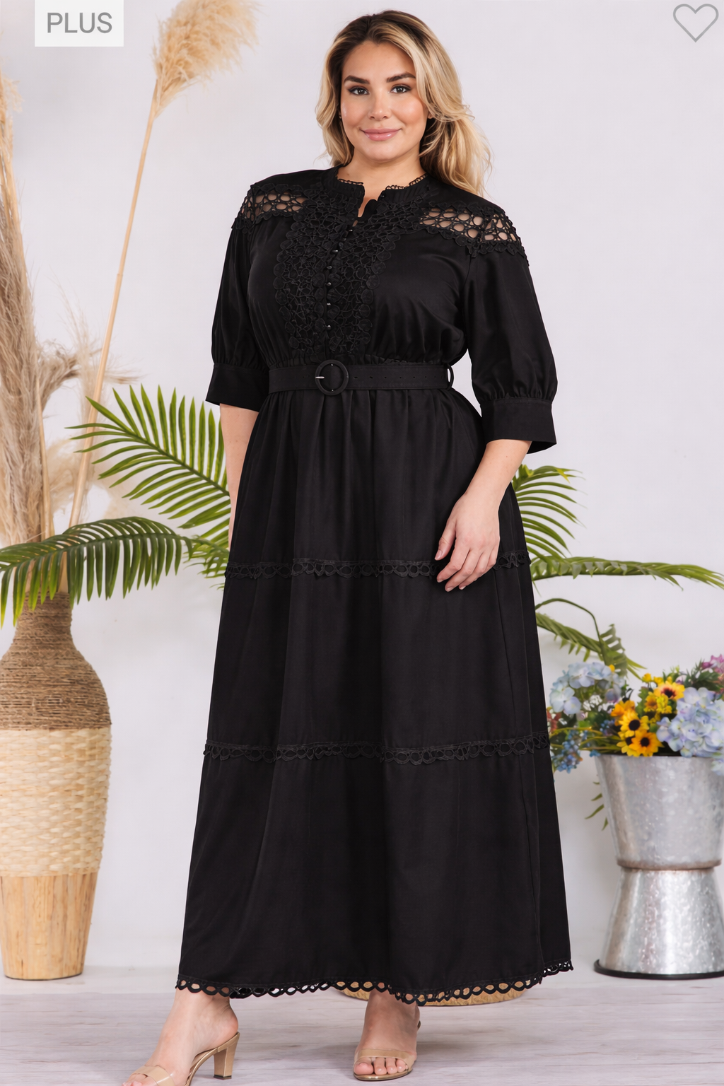 Vestido plus size negro maxi tejido tipo crochet liso