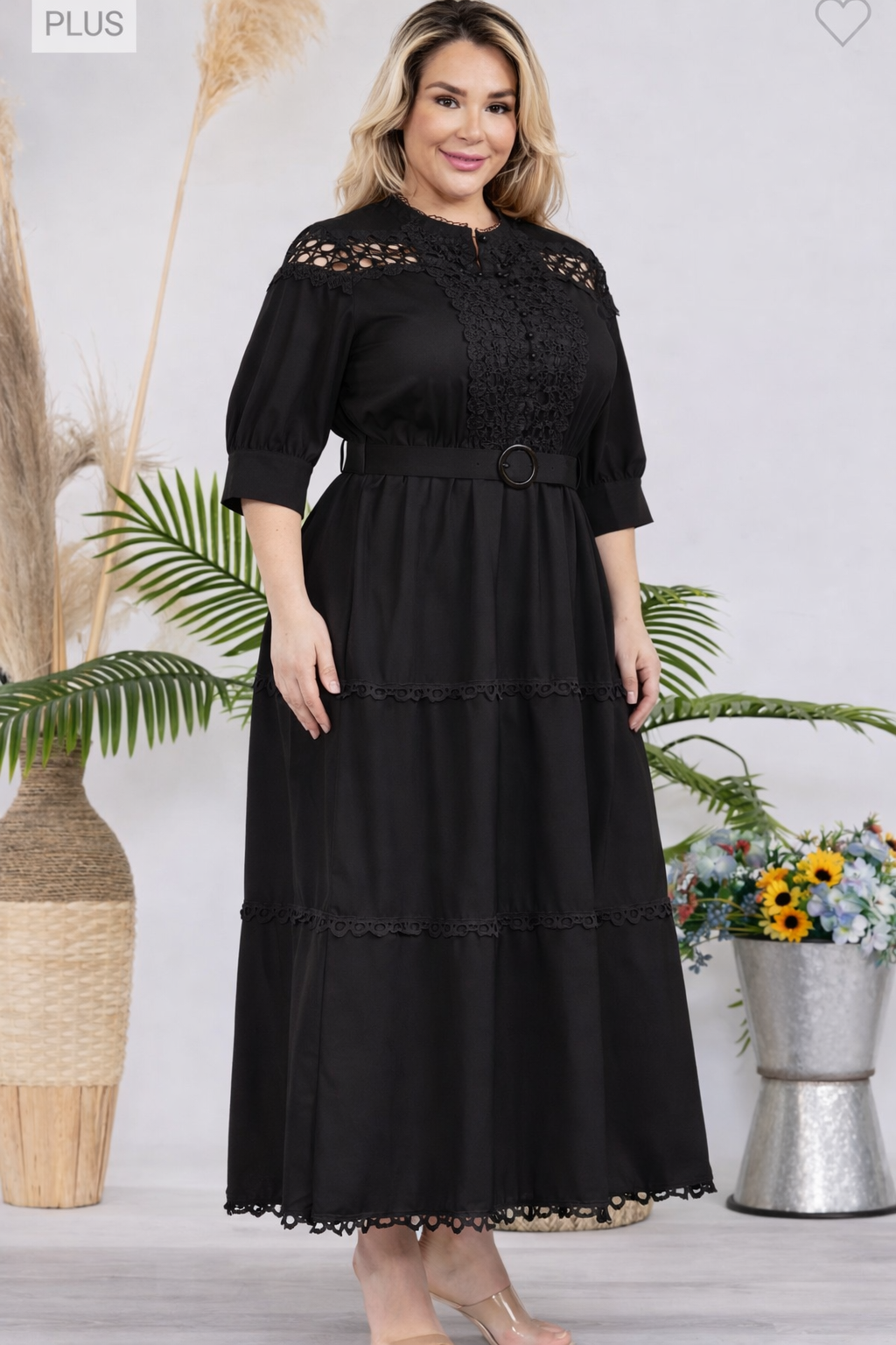 Vestido plus size negro maxi tejido tipo crochet liso