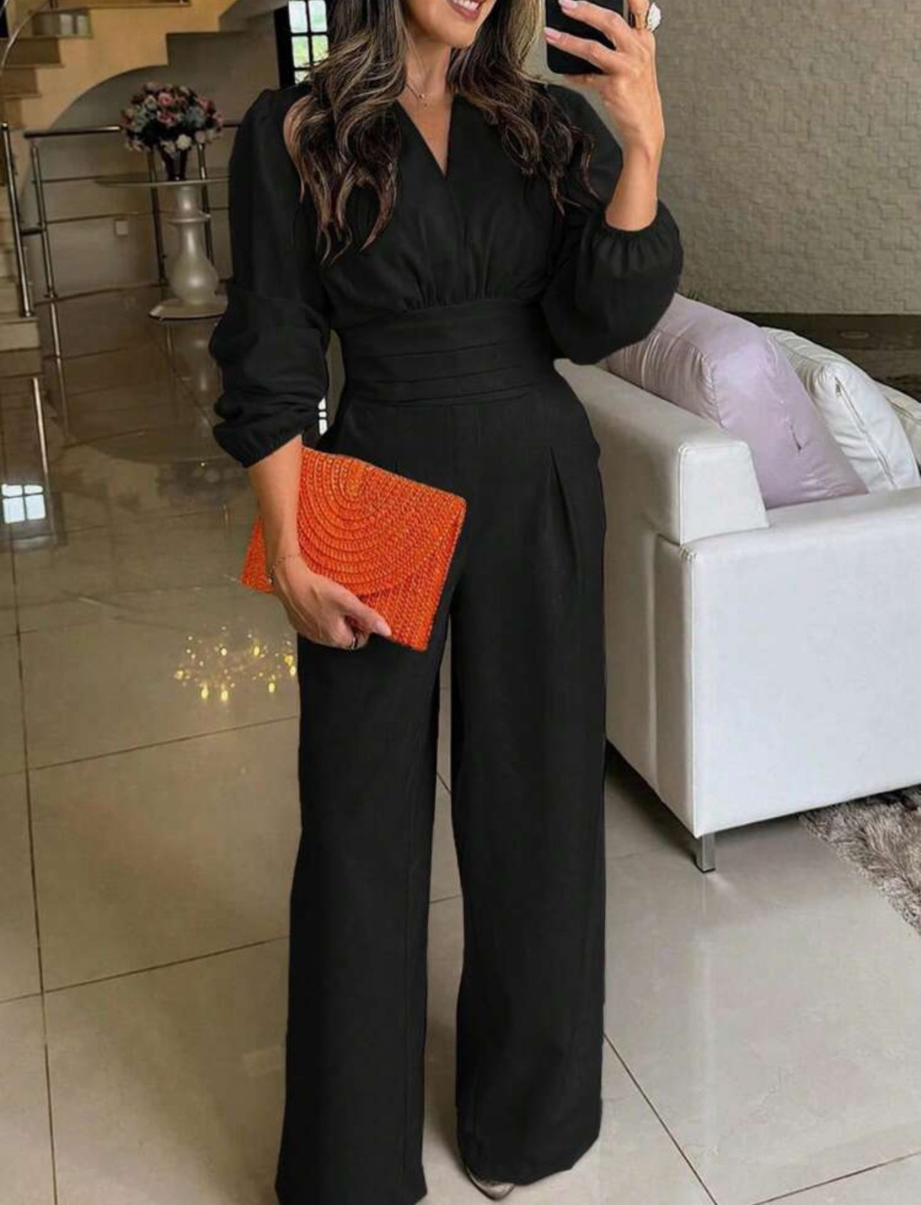 Jumpsuit negro manga larga cuello V