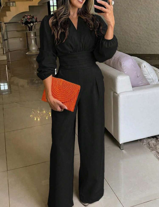 Jumpsuit negro manga larga cuello V