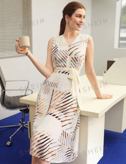 Vestido beige con estampado y con cinturon