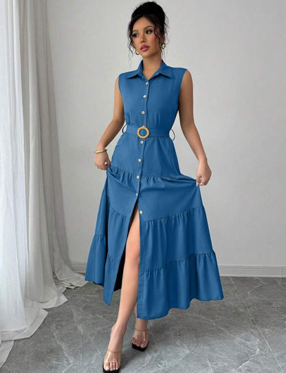 Vestido azul con botones delanteros y cinturón