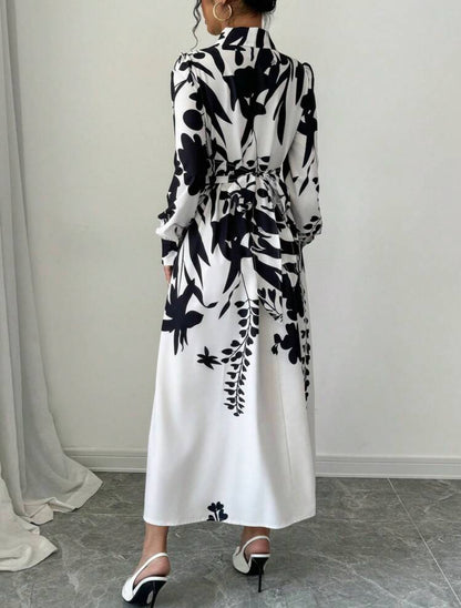 Vestido maxi elegante manga larga color beige con estampado negro