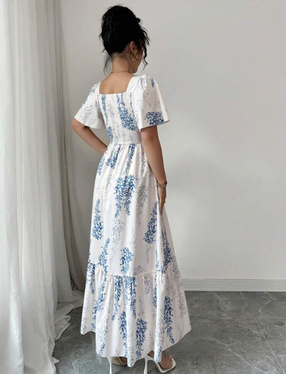 Vestido beige estampado floral azul claro