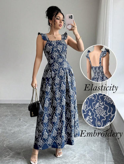 Vestido azul marino con estampado floral blanco