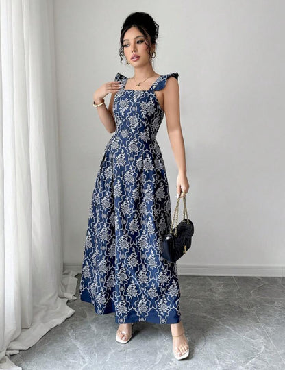 Vestido azul marino con estampado floral blanco