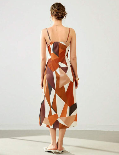 Vestido de satin drapeado cafe, anaranjado y beige