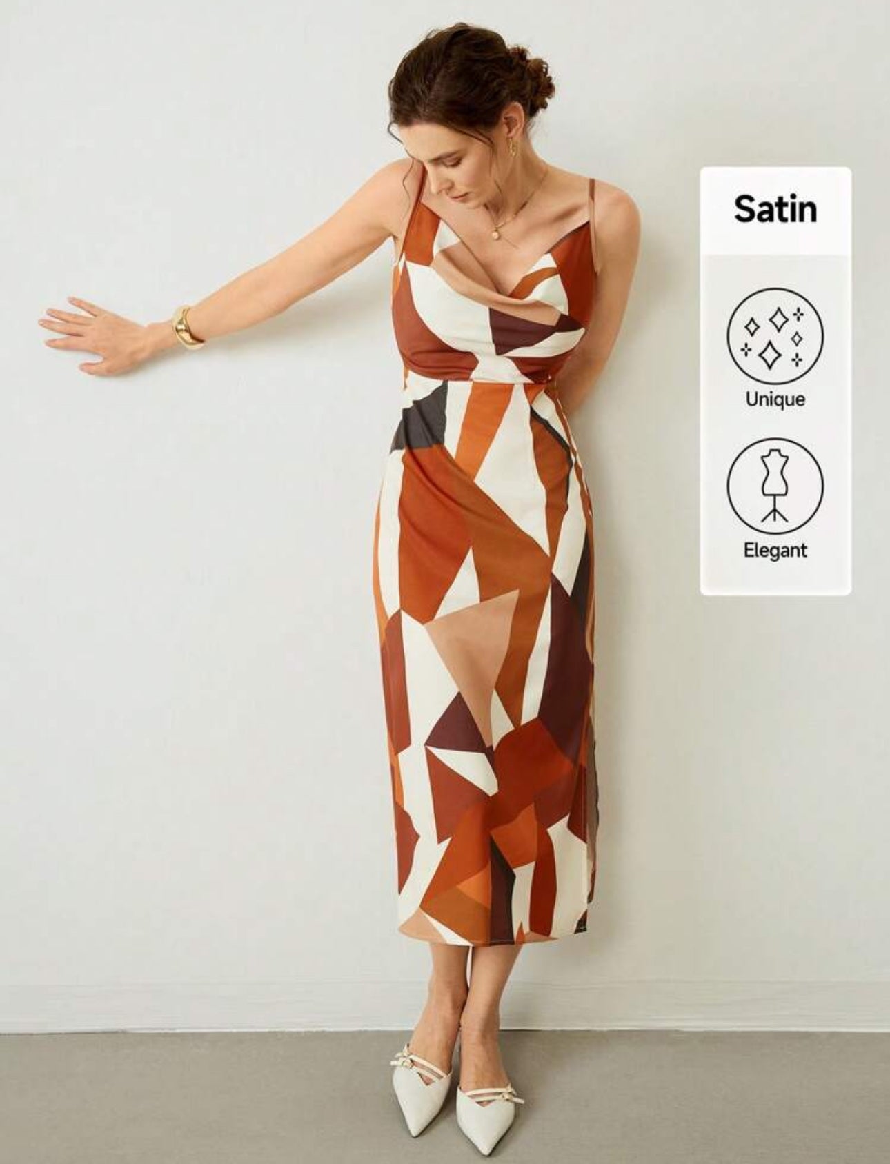 Vestido de satin drapeado cafe, anaranjado y beige