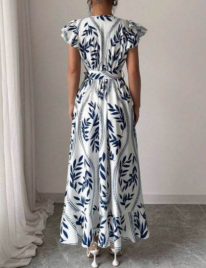 Vestido blanco con estampado floral azul cuello en V