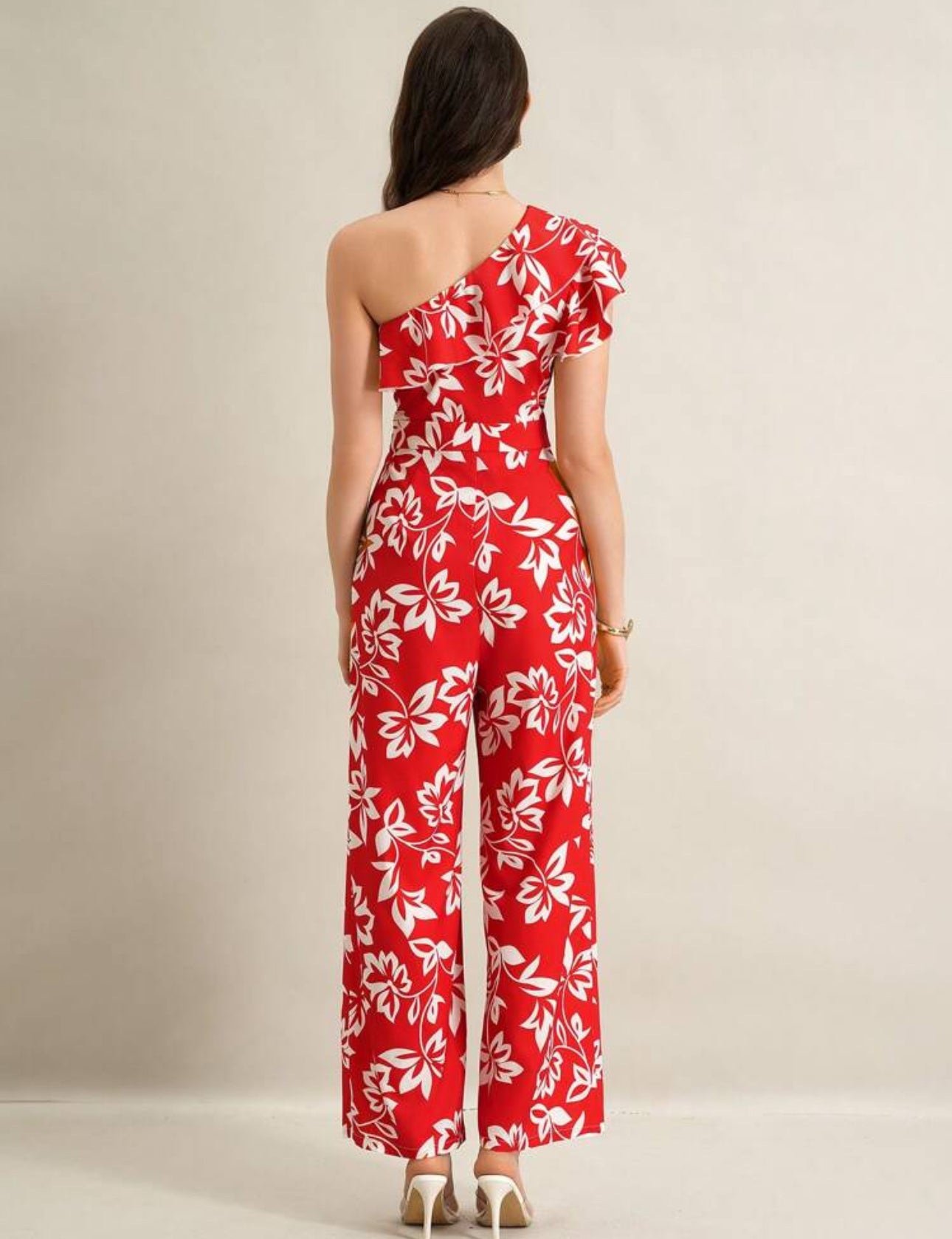 Jumpsuit rojo estampado floral beige