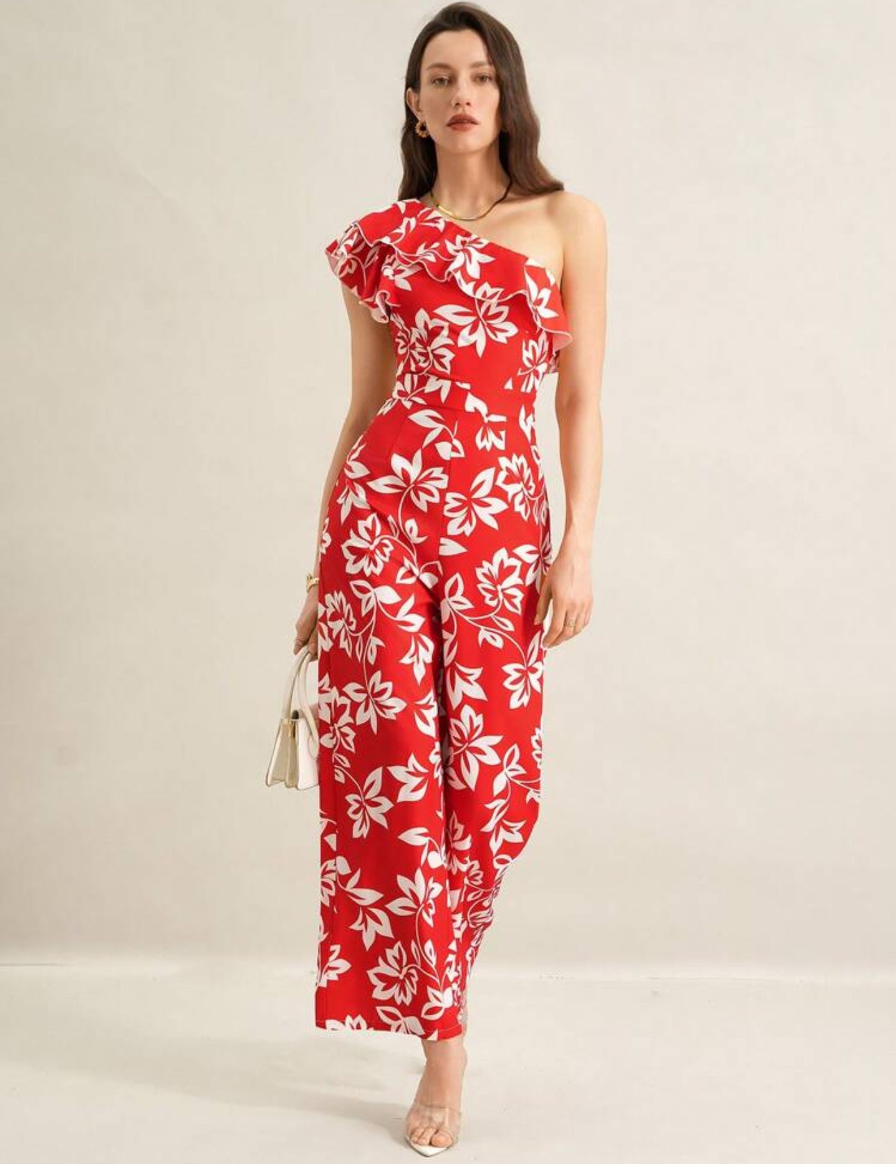 Jumpsuit rojo estampado floral beige