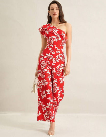 Jumpsuit rojo estampado floral beige