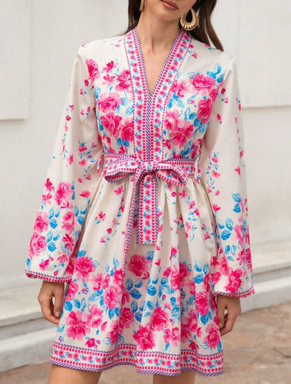 Vestido manga larga blanco estampado floral rosado y azul claro