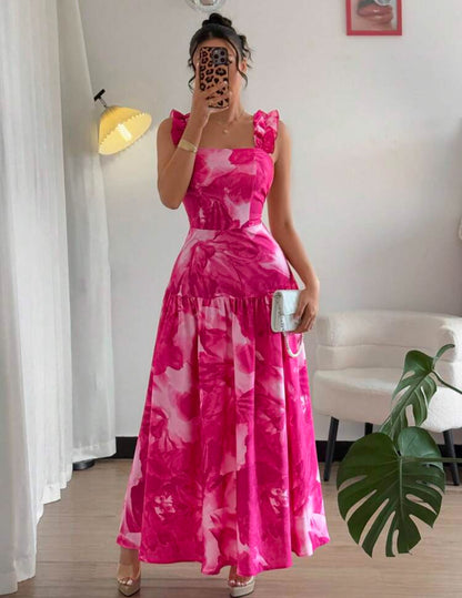 Vestido rosado con estampado floral rosado