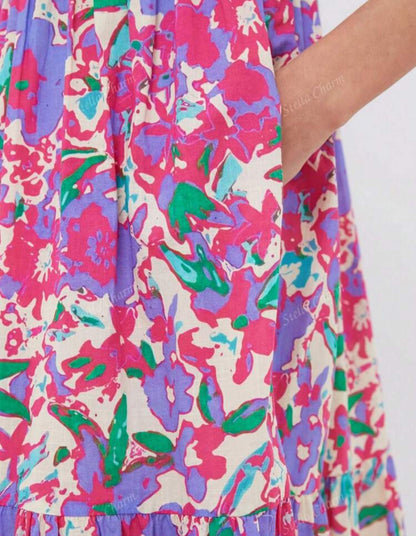 Vestido con estampado floral rosado, morado y verde